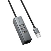 USB HUB разветвитель HOCO HB1D 4 в 1 USB (m) - 3xUSB2.0 (f) + RJ45 (f), 1 м, серый металлик