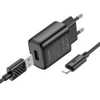 Сетевое зарядное устройство HOCO C134A Solid 1xUSB с Кабелем USB - Lightning, 2.4A, черный