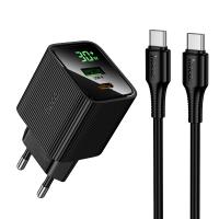 Сетевое зарядное устройство HOCO CS84A Excellent 1xUSB + 1xUSB-C с Кабелем Type-C - Type-C, 3A, 30W, черный
