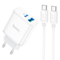 Сетевое зарядное устройство HOCO C105A Stage 1xUSB + 1xUSB-C с Кабелем Type-C - Type-C, 3A, 20W, белый