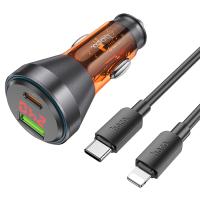 Автомобильное зарядное устройство HOCO NZ12B Unimpeded, 1xUSB + 1xUSB-C с Кабелем Type-C - Lightning, 48W, оранжевый