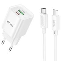 Сетевое зарядное устройство HOCO C147A Charm 1xUSB + 1xUSB-C с Кабелем Type-C - Type-C, 3A, 20W, белый