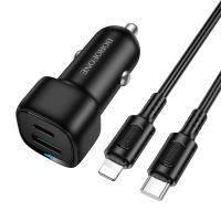 Автомобильное зарядное устройство BOROFONE BZ34B Cloud, 1xUSB + 1xUSB-C с Кабелем Type-C - Lightning, 38W, черный