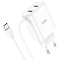 Сетевое зарядное устройство HOCO C103A Courser 2xUSB с Кабелем Type-C, 2.1A, 10W, белый