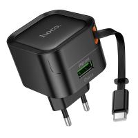 Сетевое зарядное устройство HOCO C154A Changer 1xUSB + 1xUSB-C с Кабелем Type-C, 3A, 20W, черный