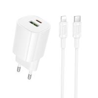 Сетевое зарядное устройство BOROFONE BA104A Pudding 1xUSB + 1xUSB-C с Кабелем Type-C - Lightning, 3A, 20W, белый
