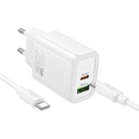 Сетевое зарядное устройство HOCO N61 Gentle 1xUSB + 1xUSB-C с Кабелем Type-C - Type-C, 3A, 20W, белый