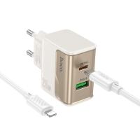 Сетевое зарядное устройство HOCO CS71A Star 1xUSB + 1xUSB-C с Кабелем Type-C - Lightning, 3A, 20W, белый