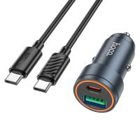 Автомобильное зарядное устройство HOCO Z57A Glorious, 1xUSB + 1xUSB-C с Кабелем Type-C - Type-C, 3A, 30W, серый металлик