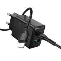 Сетевое зарядное устройство HOCO N71 Nuevo 1xUSB + 1xUSB-C с Кабелем Type-C - Lightning, 3A, 30W, черный
