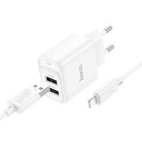 Сетевое зарядное устройство HOCO C141A Smart 2xUSB с Кабелем USB - Lightning, 2.1A, белый