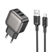 Сетевое зарядное устройство BOROFONE BAS51A Absolute 2xUSB с Кабелем USB - Lightning, 2.4A, черный