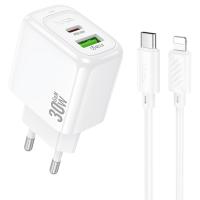 Сетевое зарядное устройство HOCO CS55A Surplus 1xUSB + 1xUSB-C с Кабелем Type-C - Lightning, 30W, белый