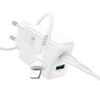 Сетевое зарядное устройство HOCO N71 Nuevo 1xUSB + 1xUSB-C с Кабелем Type-C - Lightning, 3A, 30W, белый