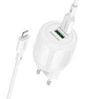 Сетевое зарядное устройство BOROFONE BA94A Lustrous 1xUSB + 1xUSB-C с Кабелем Type-C - Lightning, 3A, 30W, белый