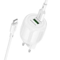 Сетевое зарядное устройство BOROFONE BA94A Lustrous 1xUSB + 1xUSB-C с Кабелем Type-C - Type-C, 3A, 30W, белый