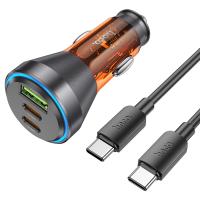 Автомобильное зарядное устройство HOCO NZ12D Lucky, 1xUSB + 2xUSB-C с Кабелем Type-C - Type-C, 60W, оранжевый