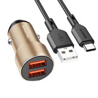 Автомобильное зарядное устройство BOROFONE BZ19 Wisdom, 2xUSB с Кабелем USB - Type-C, 2.4A, 12W, золотой