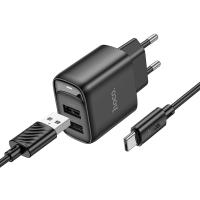 Сетевое зарядное устройство HOCO C141A Smart 2xUSB с Кабелем USB - Type-C, 2.1A, черный