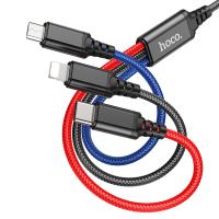 Кабель USB HOCO X76 3 в 1 USB - Type-C + Lightning + MicroUSB, 2А, 1 м, черный+красный+синий
