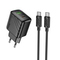 Сетевое зарядное устройство HOCO CS25A Rico 1xUSB + 1xUSB-C с Кабелем Type-C - Type-C, 3A, 20W, черный