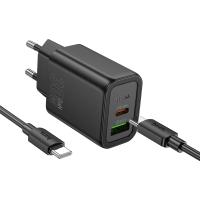 Сетевое зарядное устройство HOCO N63 Gentle 1xUSB + 1xUSB-C с Кабелем Type-C - Type-C, 3A, 30W, черный
