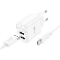 Сетевое зарядное устройство HOCO C141A Smart 2xUSB с Кабелем USB - Type-C, 2.1A, белый