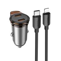 Автомобильное зарядное устройство HOCO NZ16 Rigorous, 1xUSB-C с Кабелем Type-C - Lightning, 30W, серый металлик