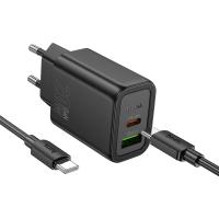 Сетевое зарядное устройство HOCO N61 Gentle 1xUSB + 1xUSB-C с Кабелем Type-C - Type-C, 3A, 20W, черный