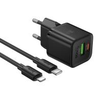Сетевое зарядное устройство HOCO N65 Ingenious 1xUSB + 1xUSB-C с Кабелем Type-C - Lightning, 3A, 20W, черный
