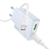Сетевое зарядное устройство HOCO C142A Direct 1xUSB + 1xUSB-C с Кабелем Type-C - Type-C, 3A, 20W, синий