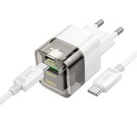 Сетевое зарядное устройство HOCO C131A Platinum 1xUSB + 1xUSB-C с Кабелем Type-C - Type-C, 3A, 30W, прозрачный черный