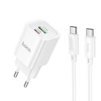 Сетевое зарядное устройство HOCO C149A Charm 1xUSB + 1xUSB-C с Кабелем Type-C - Type-C, 3A, 30W, белый
