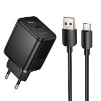 Сетевое зарядное устройство HOCO C157A Smart 1xUSB + 1xUSB-C с Кабелем USB - Type-C, 3A, 30W, черный