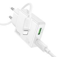 Сетевое зарядное устройство HOCO C142A Direct 1xUSB + 1xUSB-C с Кабелем Type-C - Lightning, 3A, 20W, белый