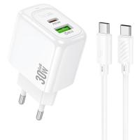 Сетевое зарядное устройство HOCO CS55A Surplus 1xUSB + 1xUSB-C с Кабелем Type-C - Type-C, 30W, белый