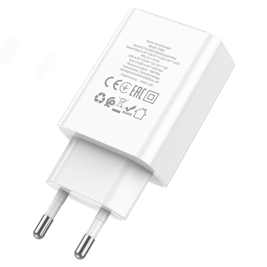 Сетевое зарядное устройство HOCO C100A 1xUSB + 1xUSB-C, 3A, 20W, белый оптом