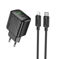 Сетевое зарядное устройство HOCO CS25A Rico 1xUSB + 1xUSB-C с Кабелем Type-C - Lightning, 3A, 20W, черный