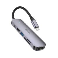 USB HUB разветвитель HOCO HB28 6 в 1 Type-C (m) - USB3.0 + USB2.0 + Type-C PD + HDMI + SD/TF, 14 см, серый металлик
