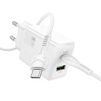 Сетевое зарядное устройство HOCO N71 Nuevo 1xUSB + 1xUSB-C с Кабелем Type-C - Type-C, 3A, 30W, белый