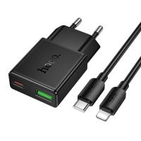 Сетевое зарядное устройство HOCO N73 Speed 1xUSB + 1xUSB-C с Кабелем Type-C - Lightning, 3A, 20W, черный