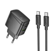 Сетевое зарядное устройство HOCO CS61A Bright 1xUSB + 1xUSB-C с Кабелем Type-C - Type-C, 3A, 30W, черный