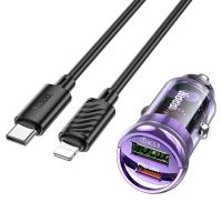 Автомобильное зарядное устройство HOCO Z53A Vision, 1xUSB + 1xUSB-C с Кабелем Type-C - Lightning, 30W, фиолетовый