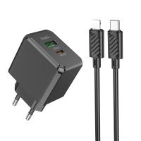 Сетевое зарядное устройство HOCO CS14A Ocean 1xUSB + 1xUSB-C с Кабелем Type-C - Lightning, 3A, 20W, черный