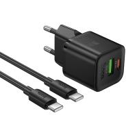 Сетевое зарядное устройство HOCO N65 Ingenious 1xUSB + 1xUSB-C с Кабелем Type-C - Type-C, 3A, 20W, черный