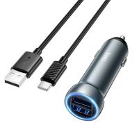 Автомобильное зарядное устройство HOCO Z54 Prosperous, 2xUSB с Кабелем USB - Type-C, 3.1A, 15.5W, серый металлик