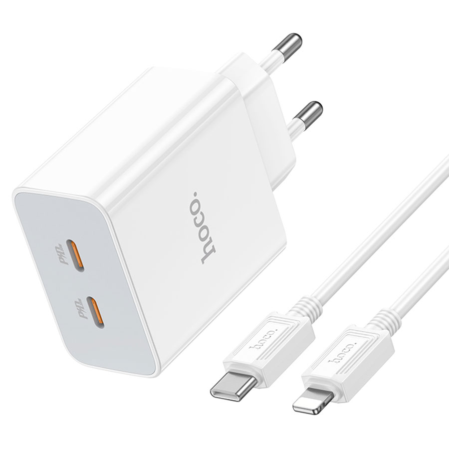 Сетевое зарядное устройство HOCO C108A Leader 2xUSB-C с Кабелем Type-C -  Lightning, 3.0A, 35W, белый оптом