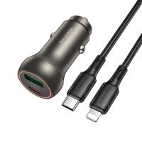 Автомобильное зарядное устройство BOROFONE BZ32B Fresh, 1xUSB + 1xUSB-C с Кабелем Type-C - Lightning, 48W, золотой