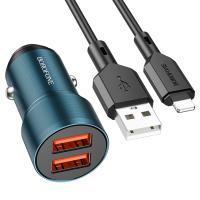 Автомобильное зарядное устройство BOROFONE BZ19 Wisdom, 2xUSB с Кабелем USB - Lightning, 2.4A, 12W, синий