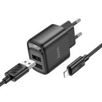 Сетевое зарядное устройство HOCO C141A Smart 2xUSB с Кабелем USB - Lightning, 2.1A, черный